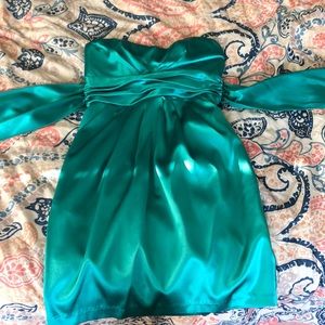 Turquoise strapless cocktail dress with pockets